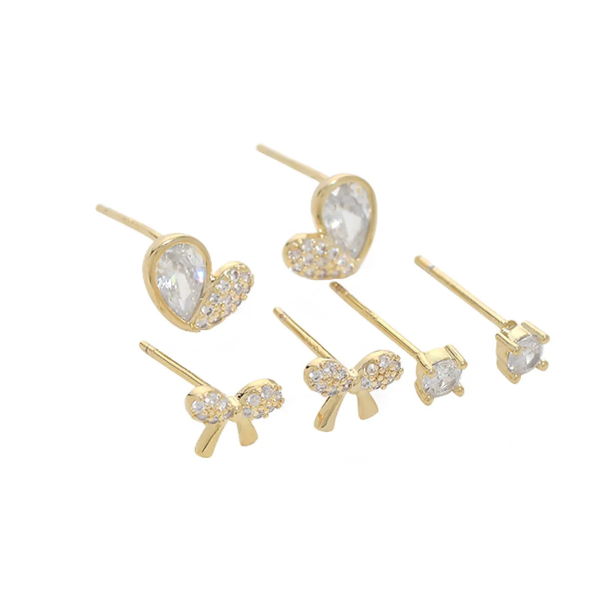 1 Set Simple Style Round Heart Shape Bow Knot Plating Inlay Copper Zircon Ear Studs