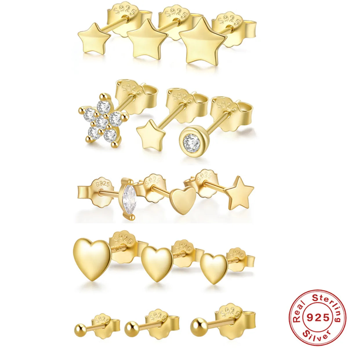 1 Set Simple Style Star Heart Shape Plating Sterling Silver Ear Studs