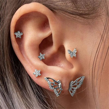 1 Set Streetwear Geometric Star Butterfly Mixed Materials Inlay Turquoise Rhinestones Zircon Women's Earrings