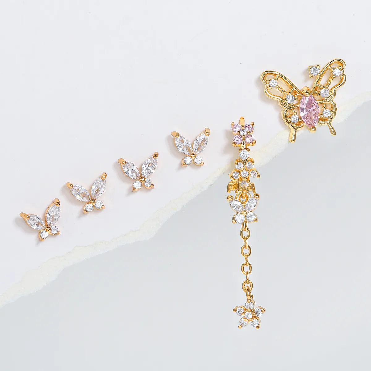 1 Set Sweet Butterfly Brass Asymmetrical Plating Inlay Zircon 18k Gold Plated Ear Studs