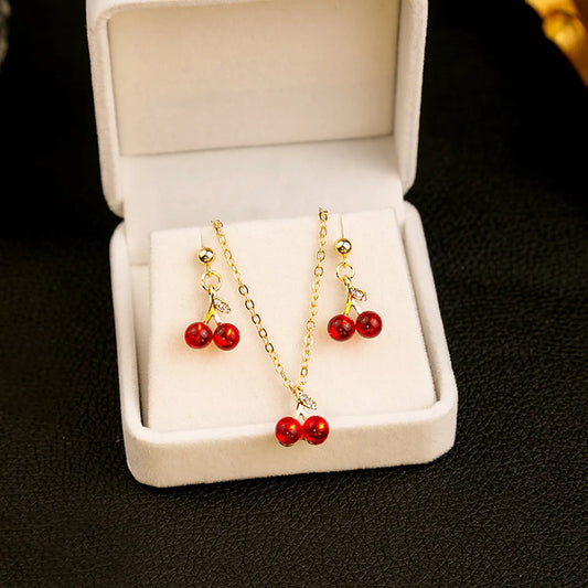 1 Set Sweet Cherry Alloy Women's Earrings Necklace