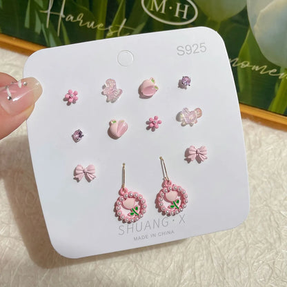 1 Set Sweet Heart Shape Flower Bow Knot Alloy Ear Studs