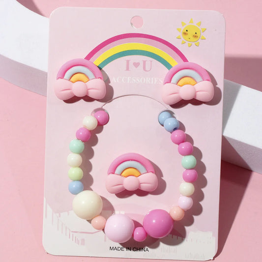 1 Set Sweet Rainbow Arylic Girl's Rings Bracelets Earrings