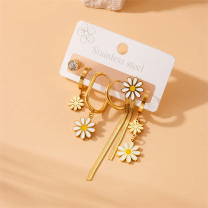 1 Set Sweet Shiny Daisy Tassel Enamel Inlay 304 Stainless Steel Zircon Drop Earrings