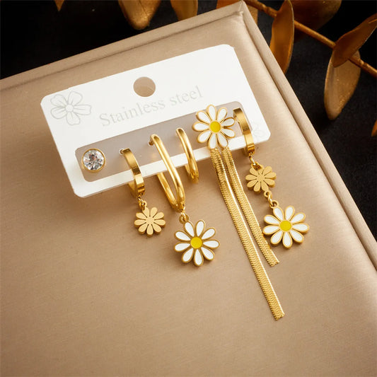 1 Set Sweet Shiny Daisy Tassel Enamel Inlay 304 Stainless Steel Zircon Drop Earrings