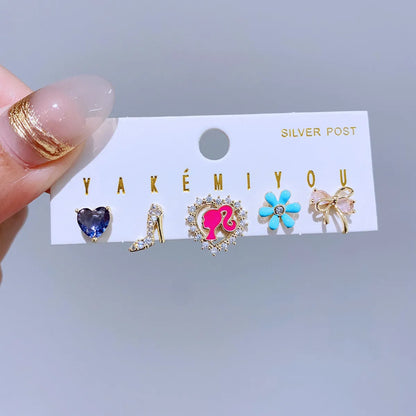 1 Set Y2K Yakemiyou Simple Style Star Heart Shape Enamel Inlay Copper Zircon 14K Gold Plated Ear Studs