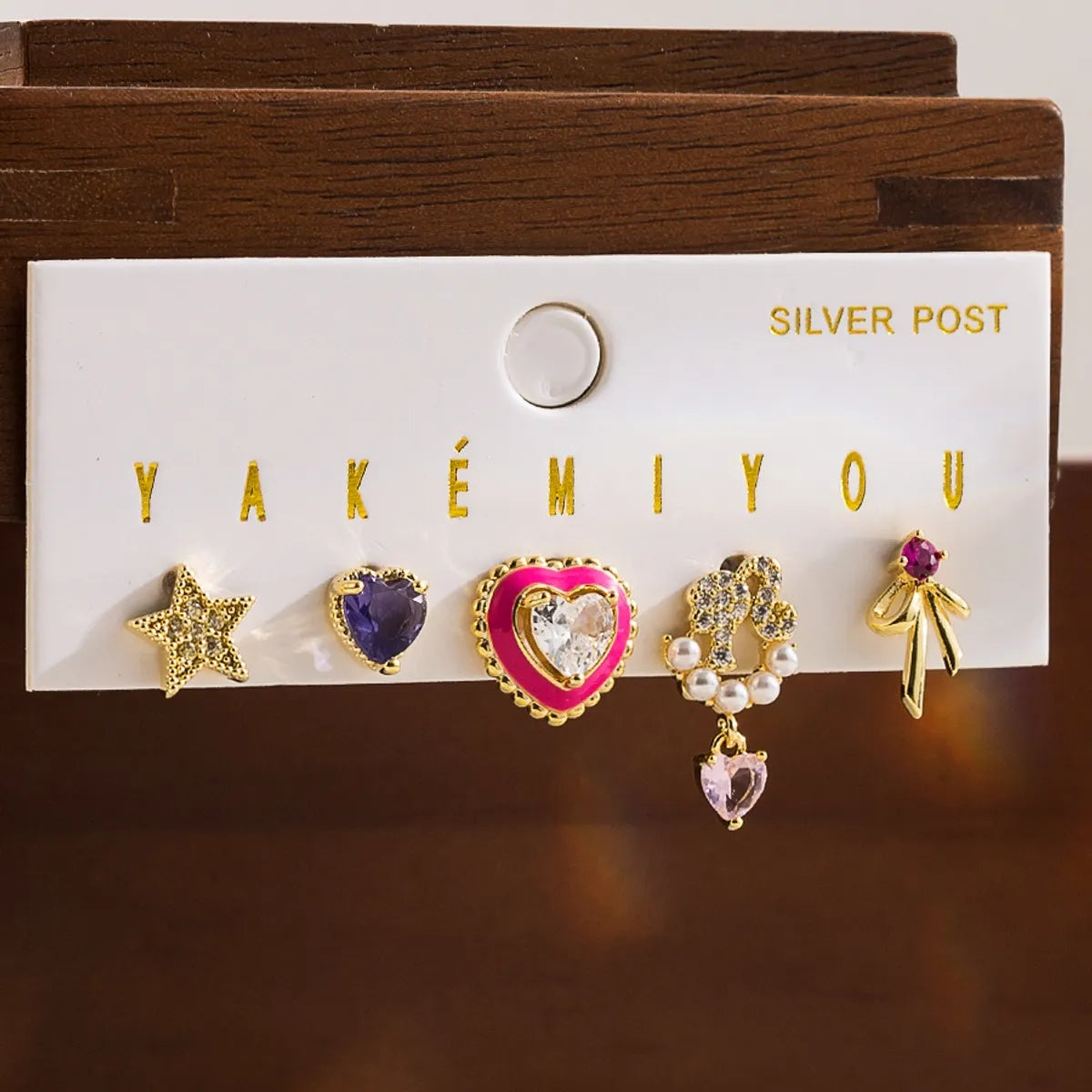 1 Set Y2K Yakemiyou Simple Style Star Heart Shape Enamel Inlay Copper Zircon 14K Gold Plated Ear Studs