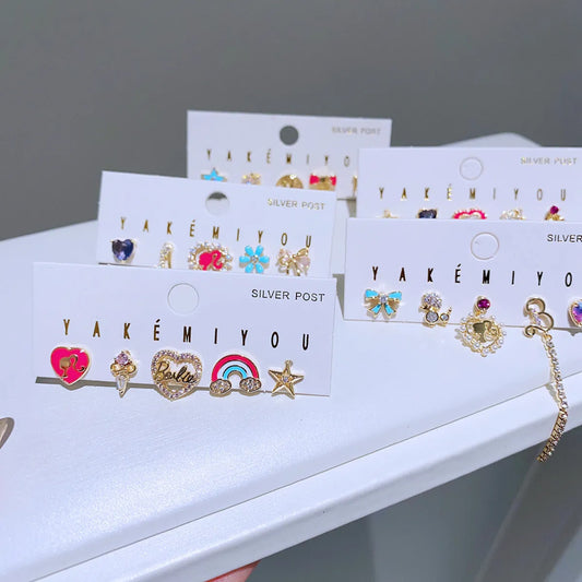 1 Set Y2K Yakemiyou Simple Style Star Heart Shape Enamel Inlay Copper Zircon 14K Gold Plated Ear Studs