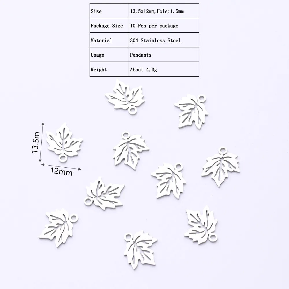 10 PCS/Package 12*13.5mm Hole 1~1.9mm 304 Stainless Steel Gold Plated Maple Leaf Polished Pendant