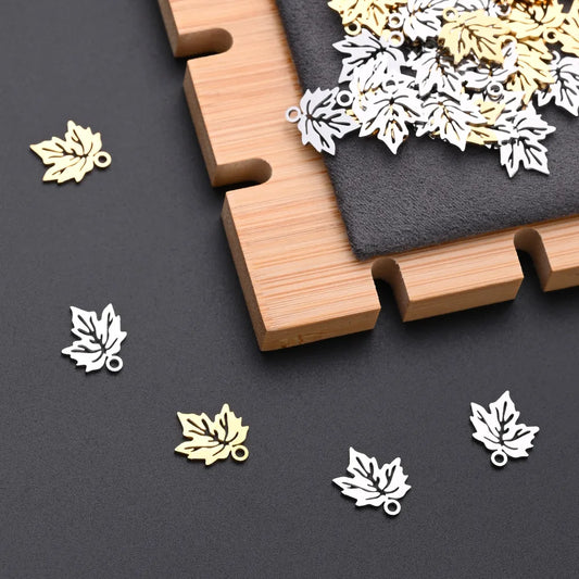 10 PCS/Package 12*13.5mm Hole 1~1.9mm 304 Stainless Steel Gold Plated Maple Leaf Polished Pendant