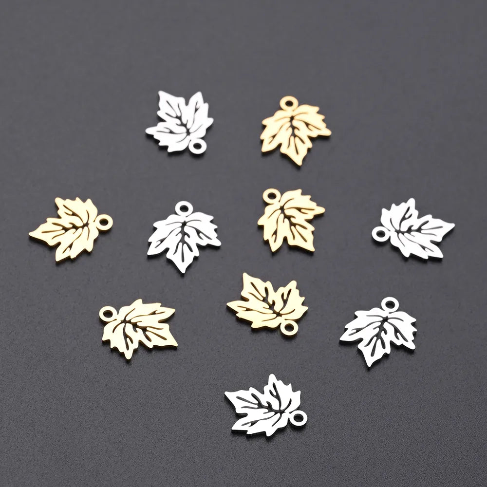 10 PCS/Package 12*13.5mm Hole 1~1.9mm 304 Stainless Steel Gold Plated Maple Leaf Polished Pendant