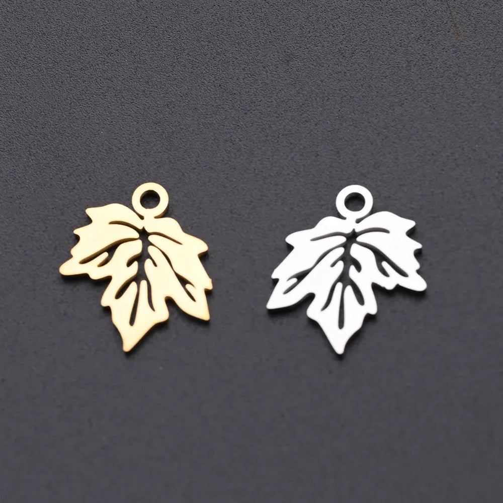 10 PCS/Package 12*13.5mm Hole 1~1.9mm 304 Stainless Steel Gold Plated Maple Leaf Polished Pendant