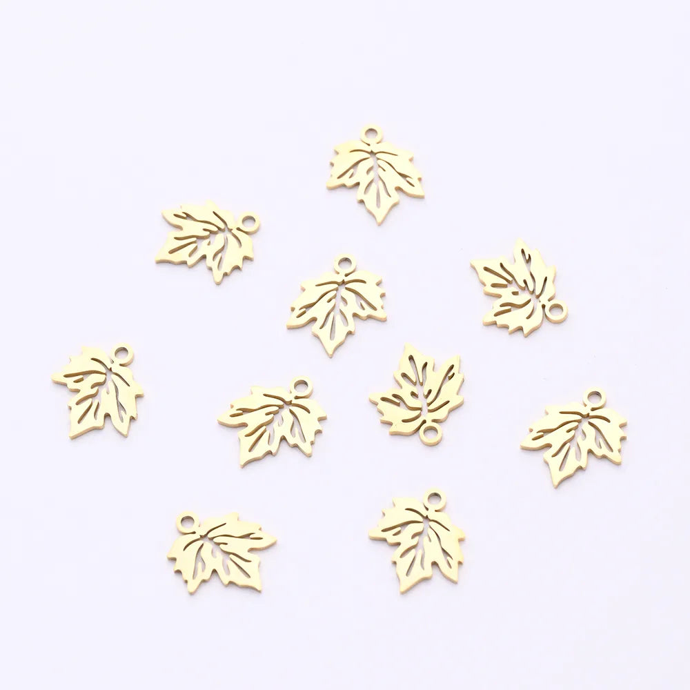 10 PCS/Package 12*13.5mm Hole 1~1.9mm 304 Stainless Steel Gold Plated Maple Leaf Polished Pendant