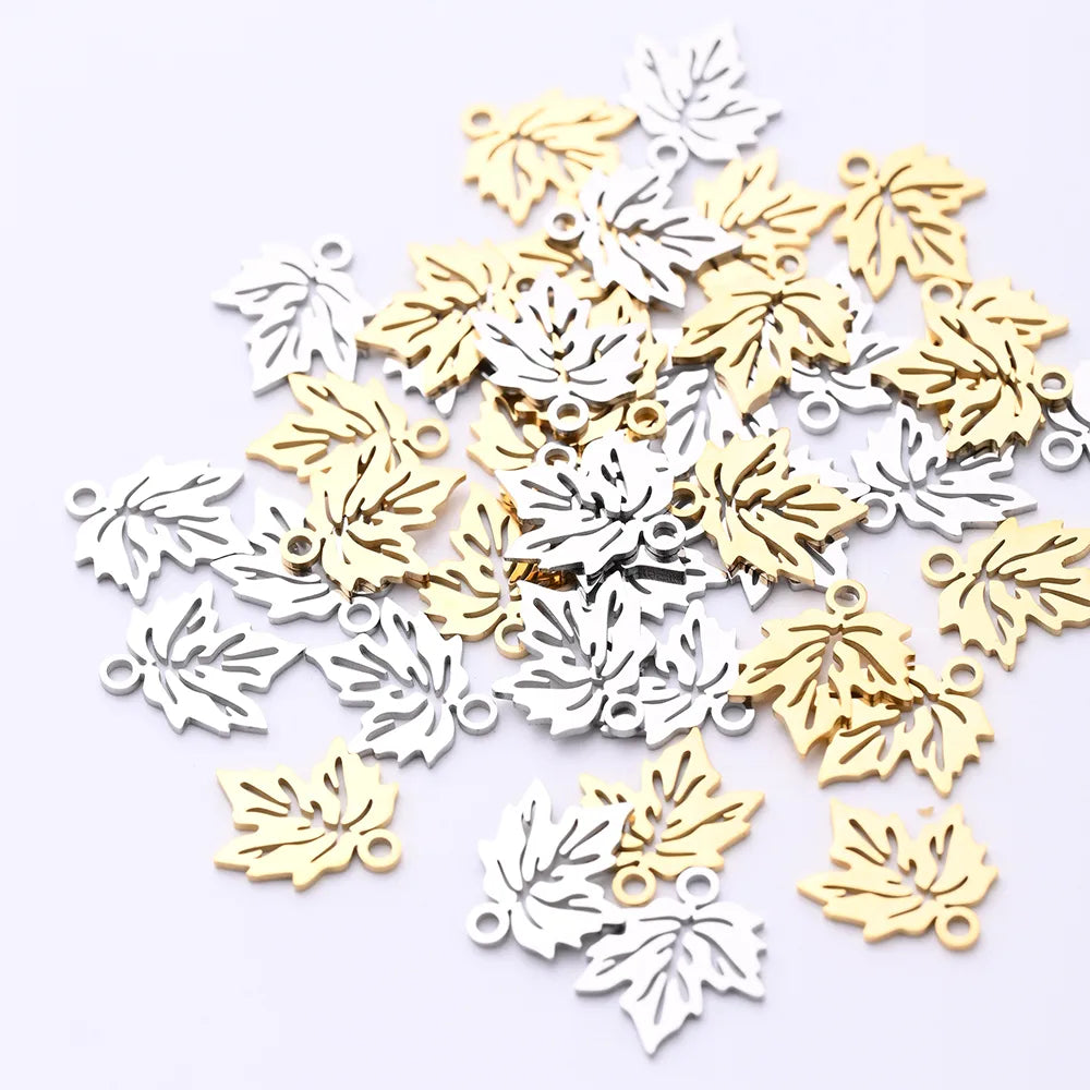 10 PCS/Package 12*13.5mm Hole 1~1.9mm 304 Stainless Steel Gold Plated Maple Leaf Polished Pendant