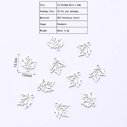 10 PCS/Package 12*13.5mm Hole 1~1.9mm 304 Stainless Steel Gold Plated Maple Leaf Polished Pendant