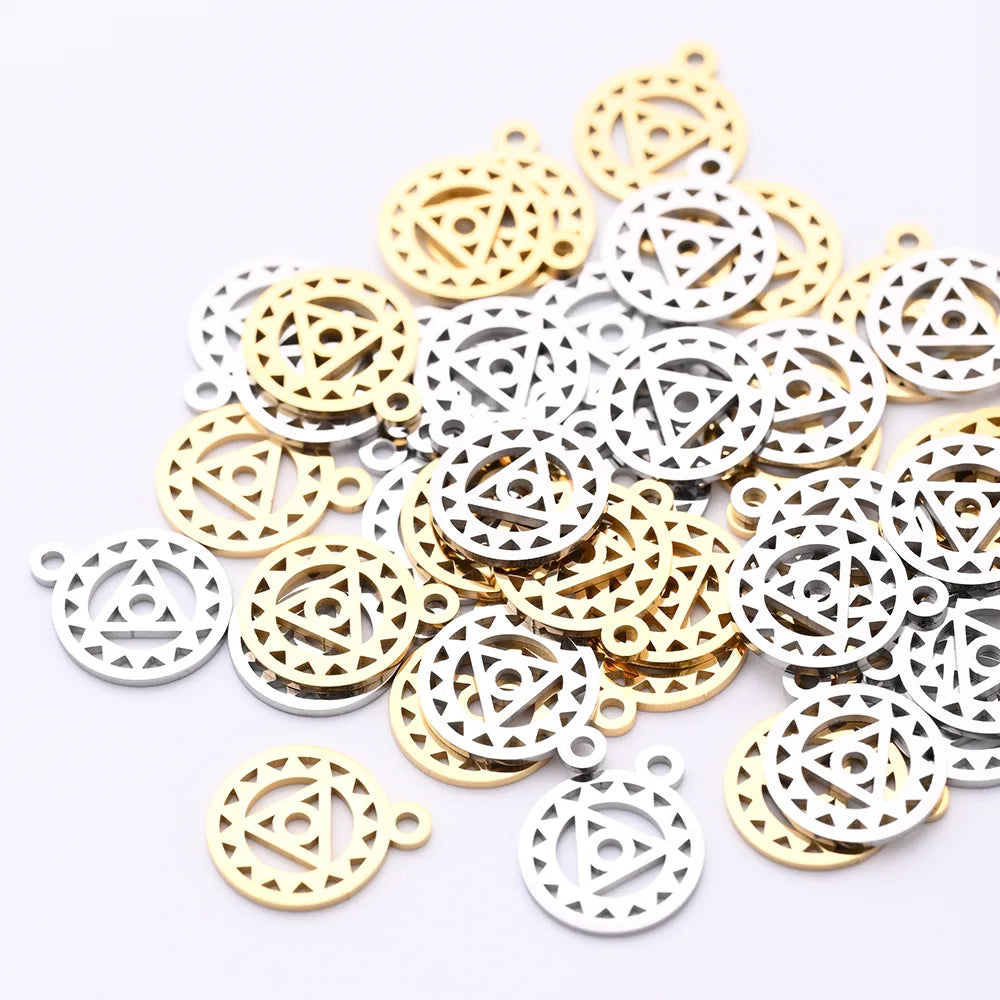 10 PCS/Package 12*14.5mm Hole 1~1.9mm 304 Stainless Steel Gold Plated Triangle Round Sun Polished Pendant