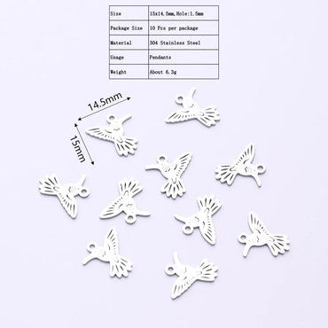 10 PCS/Package 14.5*15mm Hole 1~1.9mm 304 Stainless Steel Gold Plated Bird Polished Pendant