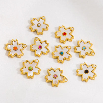 10 PCS/Package 304 Stainless Steel Shell Rhinestones Shell 14K Gold Plated Flower Pendant