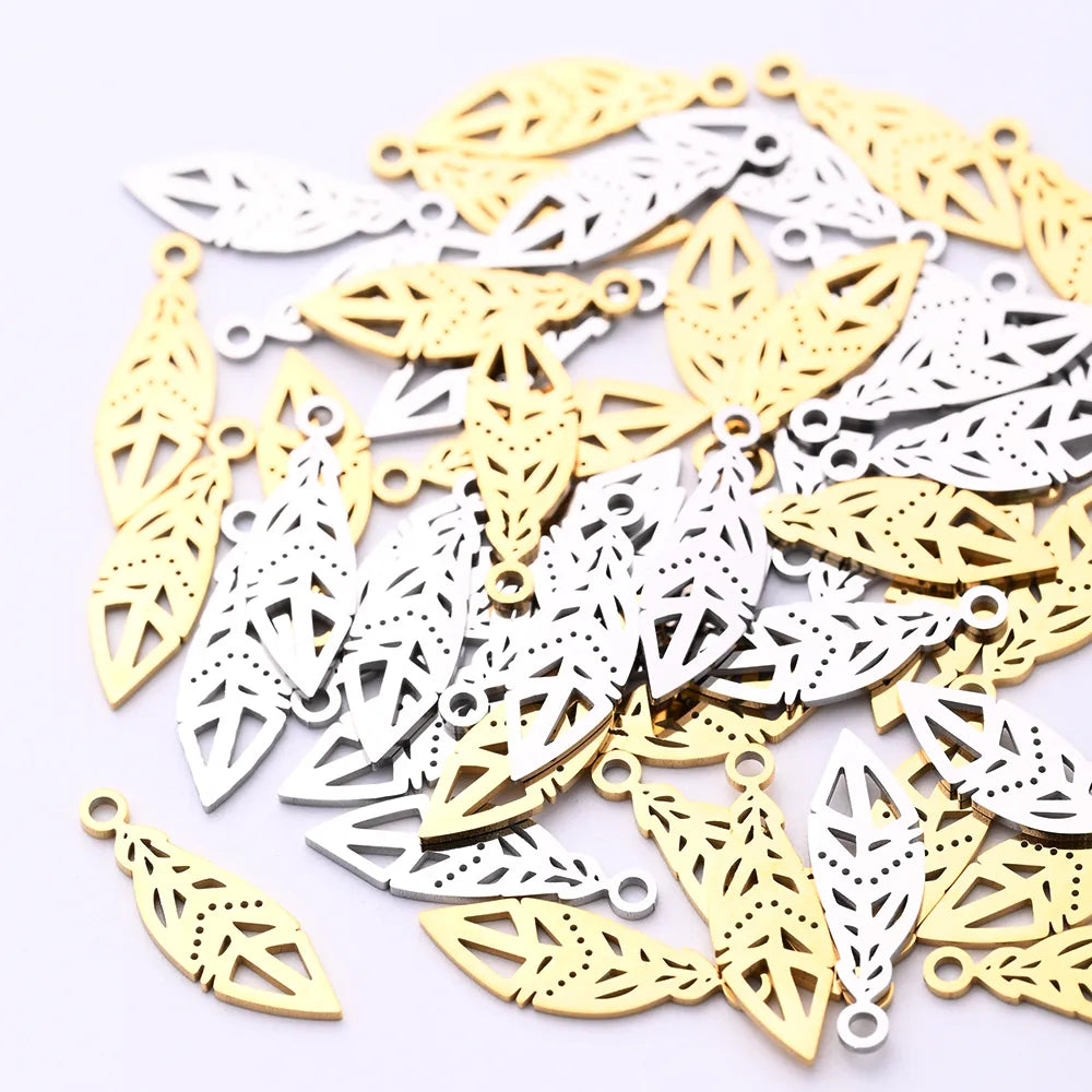 10 PCS/Package 6.5*20mm Hole 1~1.9mm 304 Stainless Steel Gold Plated Feather Polished Pendant