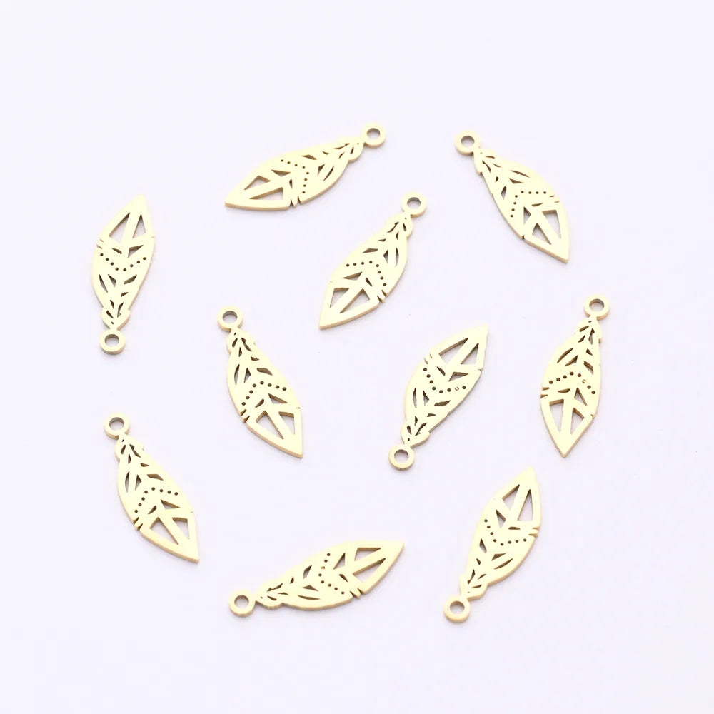 10 PCS/Package 6.5*20mm Hole 1~1.9mm 304 Stainless Steel Gold Plated Feather Polished Pendant