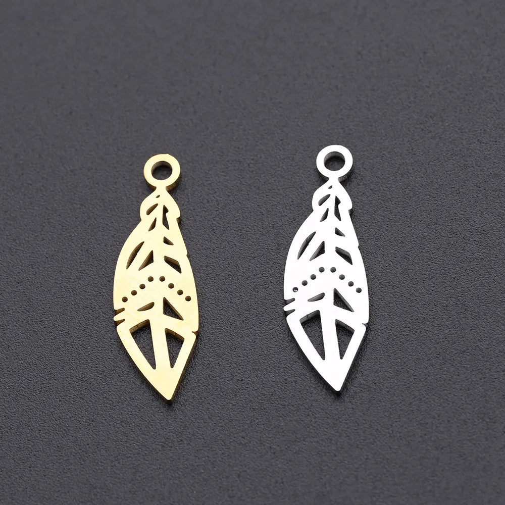 10 PCS/Package 6.5*20mm Hole 1~1.9mm 304 Stainless Steel Gold Plated Feather Polished Pendant