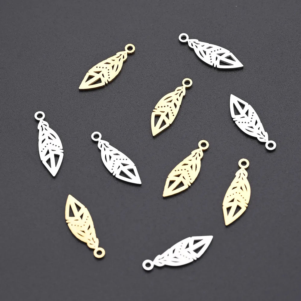 10 PCS/Package 6.5*20mm Hole 1~1.9mm 304 Stainless Steel Gold Plated Feather Polished Pendant