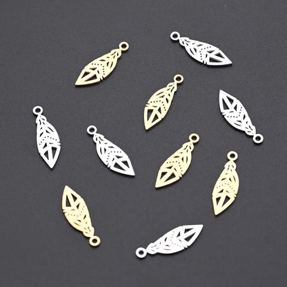 10 PCS/Package 6.5*20mm Hole 1~1.9mm 304 Stainless Steel Gold Plated Feather Polished Pendant