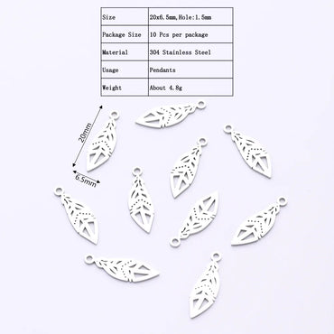 10 PCS/Package 6.5*20mm Hole 1~1.9mm 304 Stainless Steel Gold Plated Feather Polished Pendant