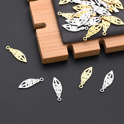 10 PCS/Package 6.5*20mm Hole 1~1.9mm 304 Stainless Steel Gold Plated Feather Polished Pendant