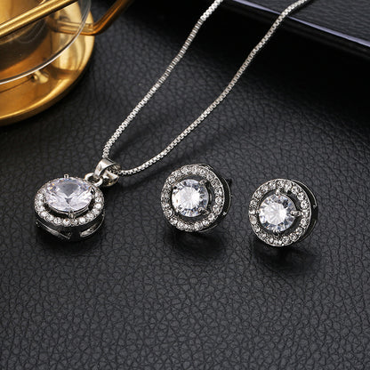 New Jewelry Fashion Temperament Necklace Earrings Two-piece Geometric Round Zircon Suit Earrings Pendant Wholesale Gooddiy
