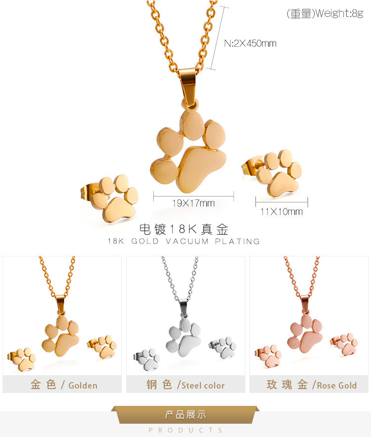 New Supply Cute Pet Mark Cute Animal Paw Necklace + Two-piece Earrings Set One Piece Dropshipping