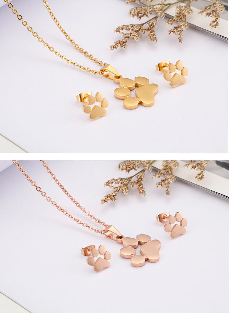 New Supply Cute Pet Mark Cute Animal Paw Necklace + Two-piece Earrings Set One Piece Dropshipping