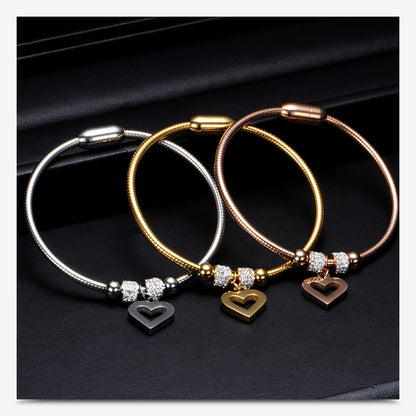 Simple Style Heart Shape Titanium Steel Inlay Zircon Bangle