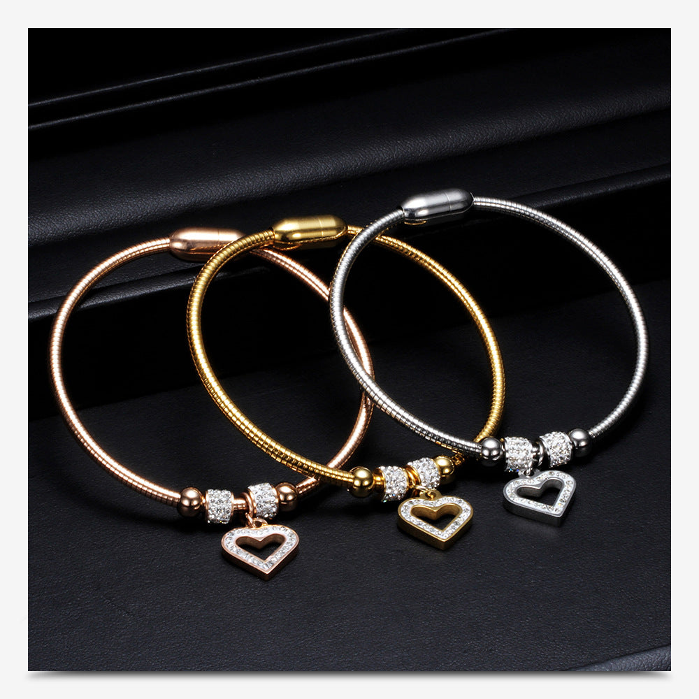 Simple Style Heart Shape Titanium Steel Inlay Zircon Bangle