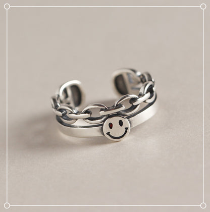 South Korea Dongdaemun Retro Smiley Face Double Ring S925 Sterling Silver Personalized Index Finger Ring