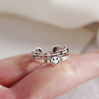 South Korea Dongdaemun Retro Smiley Face Double Ring S925 Sterling Silver Personalized Index Finger Ring