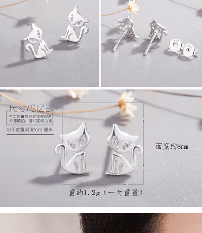 Korean S925 White Fungus Earrings Female Cute Cat Earrings Animal Fox Earrings