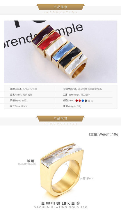 Foreign Trade Wholesale European And American Stainless Steel Golden Rectangular Six-color Glass Ring