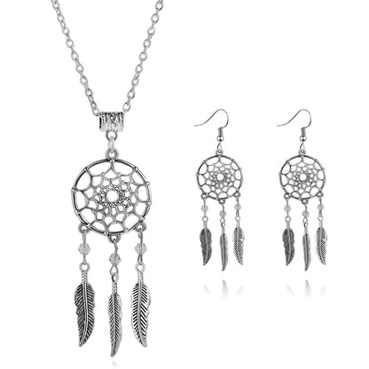 Fashion Simple  Clavicle Chain  Personality Dream Catcher Feather Pendant Necklace Earring  Set Gooddiy Wholesale