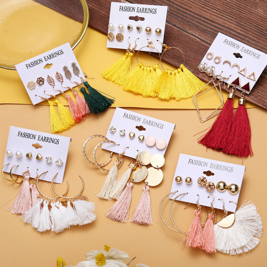 New Retro Creative Geometric Woven Tassel Earrings 6-piece Set