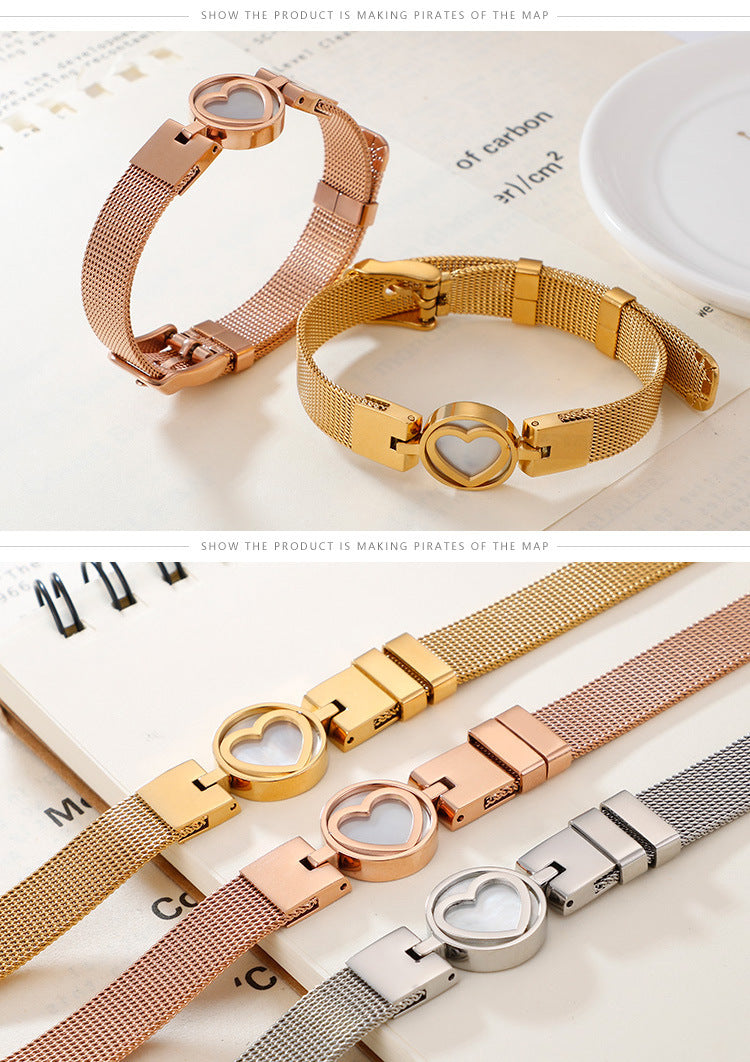 Korean Retro Stainless Steel Three-color Mesh Strap Heart-shaped Bracelet Wholesale Gooddiy