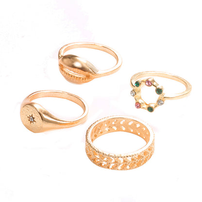 Fashion Hollow Carved Shell Color Rhinestone Ring 4 Piece Set Wholesale Gooddiy