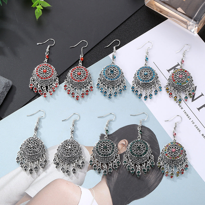 1 Pair Chinoiserie Round Alloy Tassel Plating Inlay Rhinestones Women's Drop Earrings