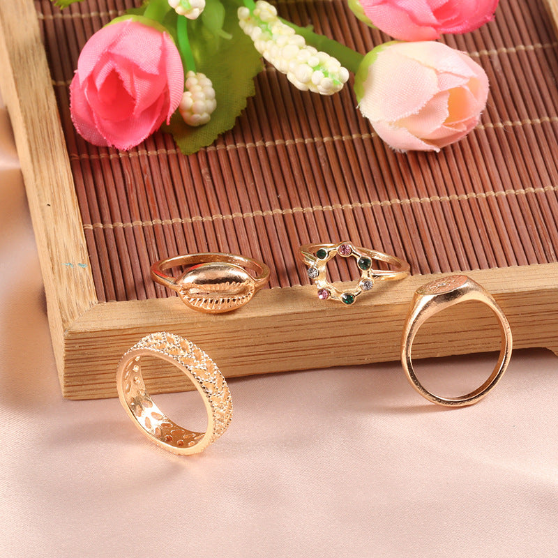 Fashion Hollow Carved Shell Color Rhinestone Ring 4 Piece Set Wholesale Gooddiy