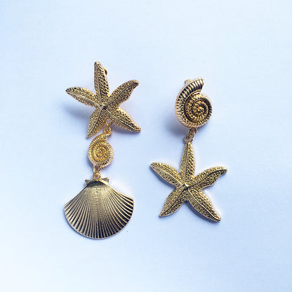 Marine Style Starfish Shell Alloy Asymmetrical Gold Plated Drop Earrings