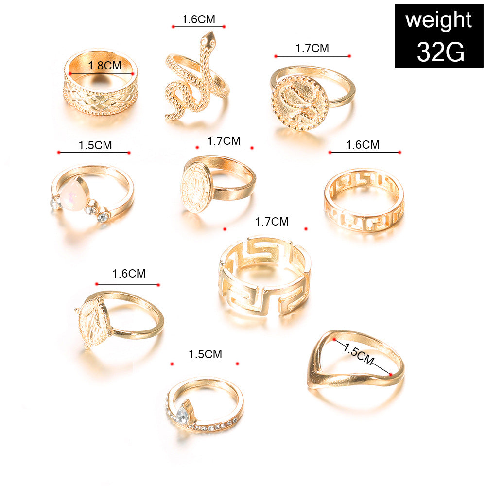 Fashion Carving Three-dimensional Snake Hollow Ring 10-piece Set