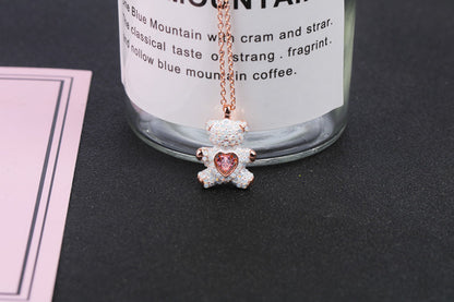 Cute Bear Heart Shape Copper Plating Inlay Rhinestones Pendant Necklace