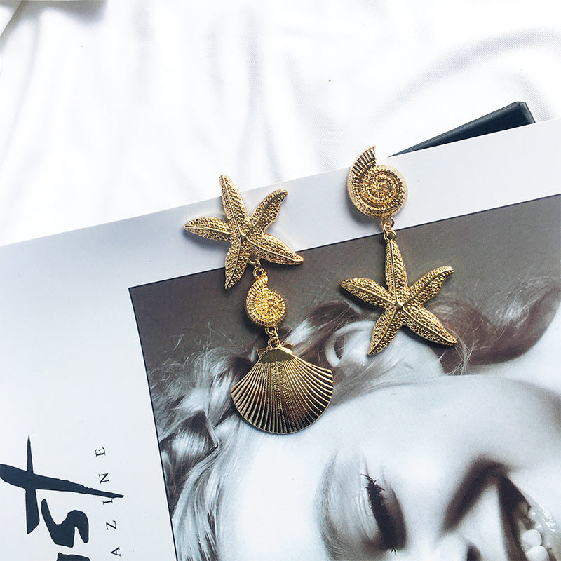 Marine Style Starfish Shell Alloy Asymmetrical Gold Plated Drop Earrings