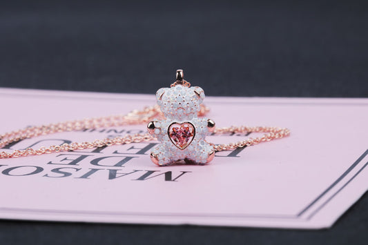 Cute Bear Heart Shape Copper Plating Inlay Rhinestones Pendant Necklace