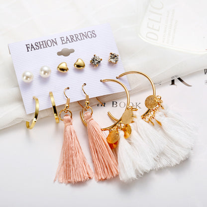 New Hot Sale Bohemian Moon Triangle Tassel Earring Set 6 Pairs Wholesale